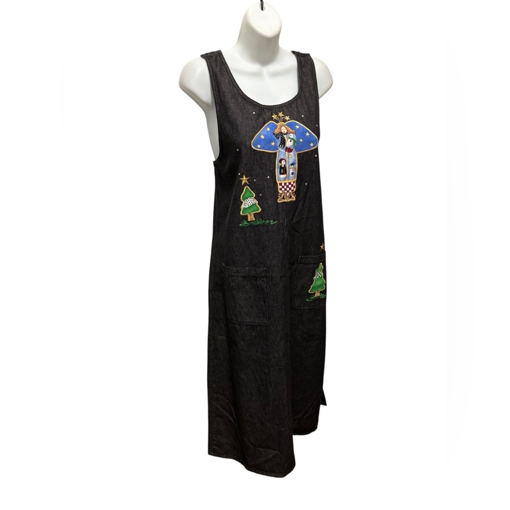 VTG Y2K Denim Midi Jumper Dress Sz L Appliquéd Country Angels Oversized Pockets - Picture 2 of 11